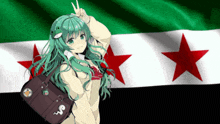 a girl with green hair giving a peace sign in front of a flag with red stars