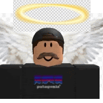 a roblox character with a mustache and angel wings is wearing a patagonia shirt .
