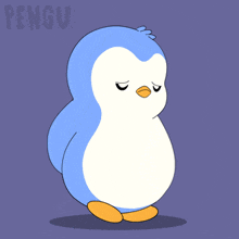 a blue and white penguin is standing in front of a penguin logo