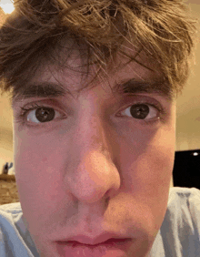 a close up of a man 's face shows his eyes and nose
