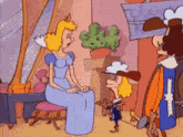 a cartoon of a woman in a blue dress sitting next to a man in a costume