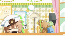 a cartoon girl is sleeping in a room with a teddy bear and a lamp .