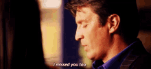a man says i missed you too while looking at a woman