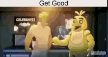 a man and a yellow chicken are standing next to each other in a video game .