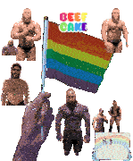 a hand holding a rainbow flag with the words beef cake written above it