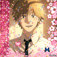 a picture of a man in a tie with flowers and hearts around him and the words picmix at the bottom