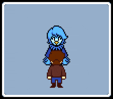 a pixel art of a person carrying a blue monster on their back .