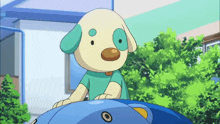 a cartoon dog is sitting on a blue object
