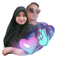 a man and a woman are standing next to each other with a heart and a hand that says " i love you "