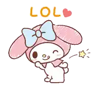 a drawing of a pink bunny with a blue bow and the word lol below it
