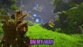 a video game scene with the words " on my way " above it