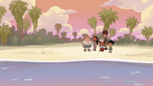 a group of kids are standing on a beach with palm trees in the background