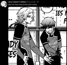 a black and white drawing of two boys standing next to each other holding hands .