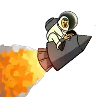 a cartoon of an astronaut sitting on a rocket with flames coming out of it