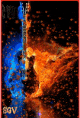 a blue and orange guitar is surrounded by fire and smoke on a black background .