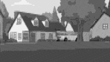 a black and white pixel art of a house with trees in the background .