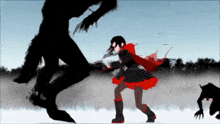 a girl in a red dress is standing in front of a wolf