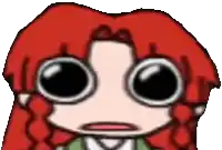 a cartoon character with red hair and big eyes is making a funny face