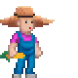 a pixel art of a woman in overalls and a straw hat with the words " this this " above her