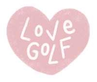a pink heart that says love golf in white letters