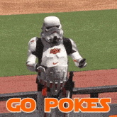 a storm trooper in a stormtrooper costume says go pokes in orange letters