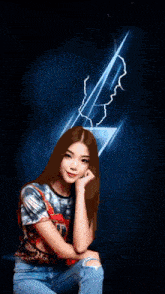 a girl in a tie dye shirt is posing for a picture with a lightning bolt in the background