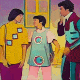 a painting of three people standing next to each other talking
