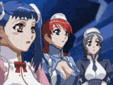 three anime girls are standing next to each other and one of them has a ring around her neck
