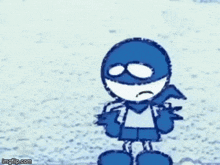 a drawing of a blue superhero with a smoke coming out of his mouth .