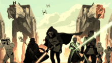 a group of stormtroopers are standing next to each other in front of a at at walker