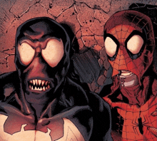 a comic book drawing of spider-man and venom with their mouths open