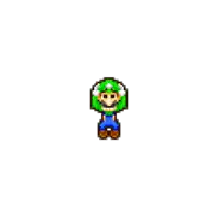 a pixel art of a man in a green mushroom hat
