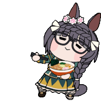 a cartoon of a girl with glasses eating ramen with chopsticks .