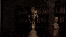 a blurred image of a woman standing in a dark room with a statue in the background .