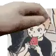 a hand is holding a piece of watermelon over a picture of a boy eating watermelon .
