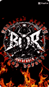 a picture of a heavy metal band with flames around it
