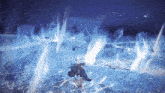 a person is standing in the middle of a storm of ice and snow