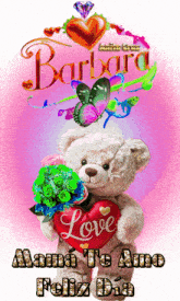 a teddy bear is holding a heart that says love on it