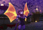 a video game character with purple and orange wings is standing under a cherry blossom tree