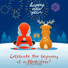santa claus and a reindeer are sitting in the snow watching fireworks and drinking champagne .