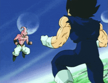 a cartoon of a man in a blue suit standing next to a pink cartoon character