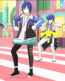two anime characters standing on a red and white striped floor