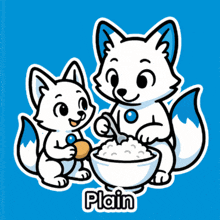 a cartoon of two foxes with a bowl of cereal and the word plain below them