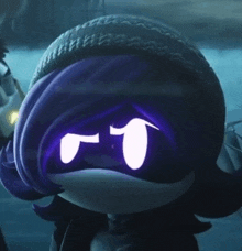 a cartoon character with purple hair and glowing eyes is wearing a hat .