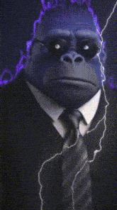 a cartoon gorilla in a suit and tie with a lightning bolt behind him