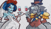 a cartoon of a bride and groom toasting with glasses of wine