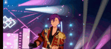 a pixel art of a man in a red jacket standing in front of a stage