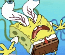 spongebob squarepants is laying on his back with his eyes closed and a mushroom coming out of his mouth .