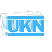 a blue and white logo for ukn is shown on a white background