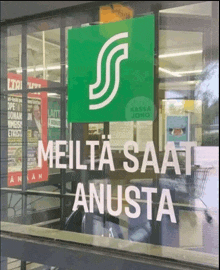 a green sign that says meilta saat anusta in white letters